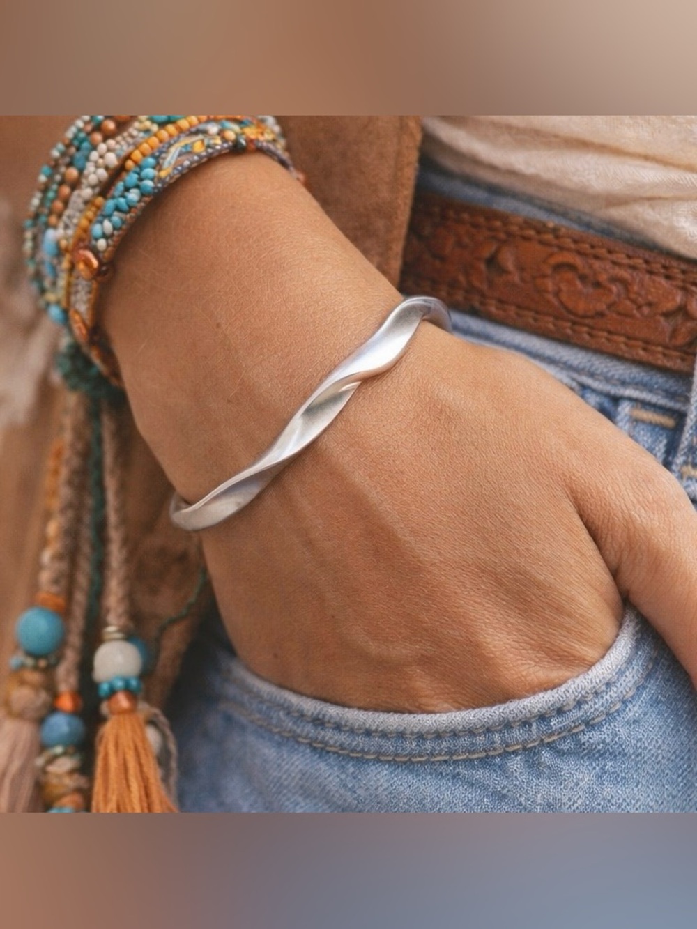 Silver plated twisted cuff open bangle bracelet